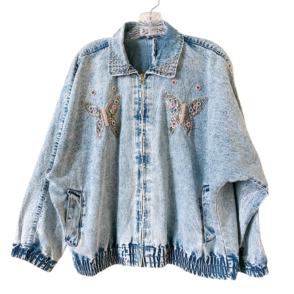 Vintage 80s Jazzino Acid Wash Butterfly Beaded Studded Collar Denim Jean Jacket